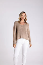 Two T's Tape Yarn V Neck Sweater - Sand